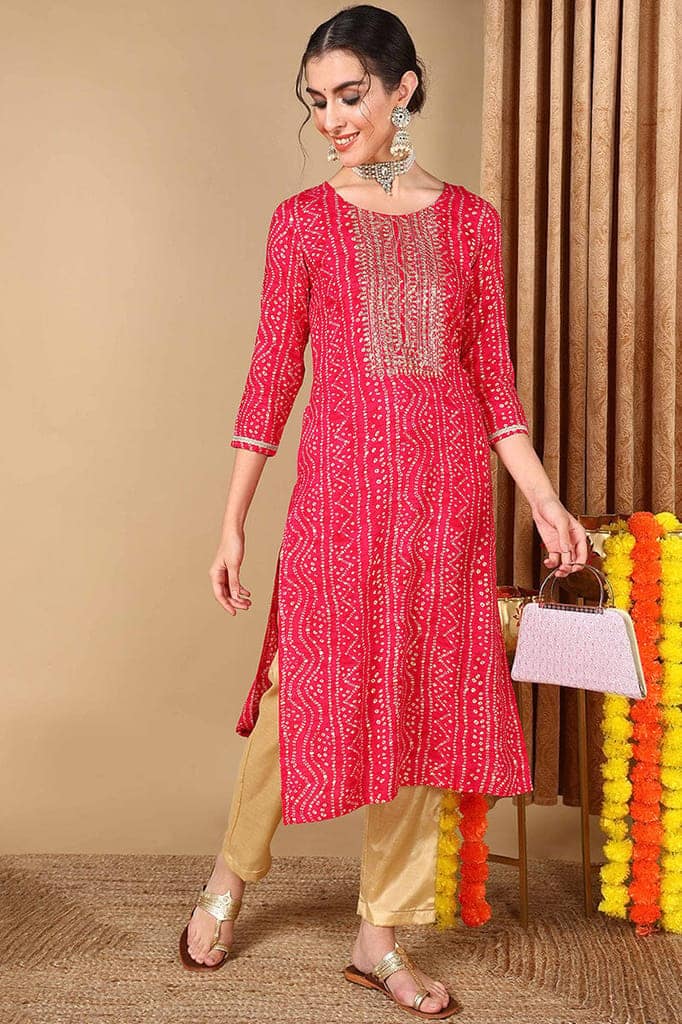 Plus Size Pink Viscose Rayon Bandhani Embroidered Straight Kurta VCK9622