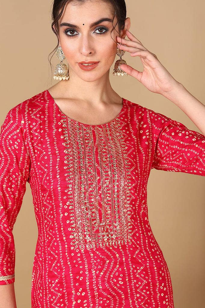 Plus Size Pink Viscose Rayon Bandhani Embroidered Straight Kurta VCK9622 view 2