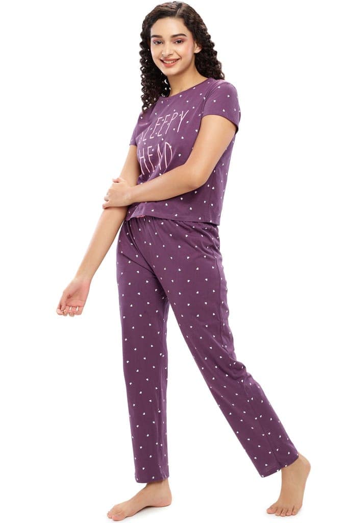 ZEYO Women's Cotton Blue Heart Printed Night suit set view 3