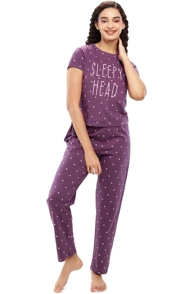 ZEYO Women's Cotton Blue Heart Printed Night suit set view 5
