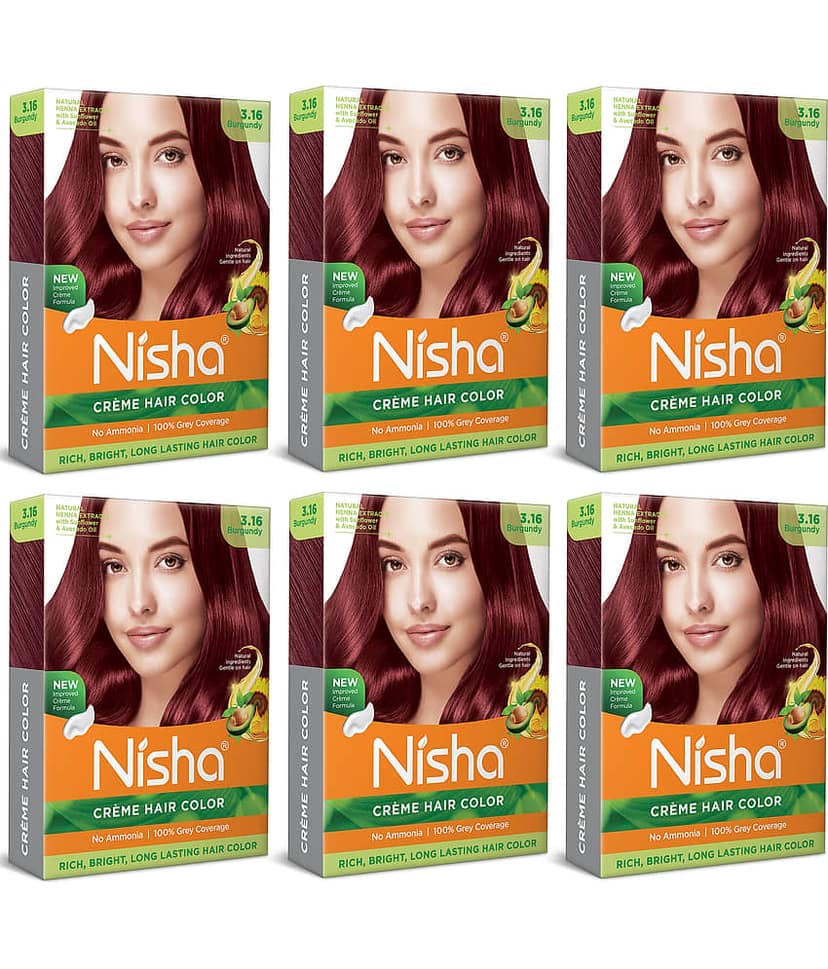 Nisha Creme Hair Color Burgundy 40gm Pack of 6, Permanent Hair Color for Women Men, No Ammonia, 100% Grey Coverage