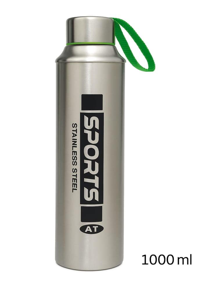Stainless Steel Water Bottle 1000ml, Single Wall with Carrying Strap
