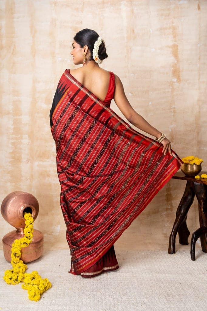 Black & Red Ikkat Silk Saree view 3