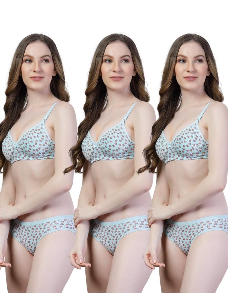 Ladies Bra Panty Set | Pack of 3 Padded Cotton Lingerie with Star Print | Stylish & Comfortable Innerwear for Daily Wear