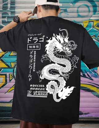 Scott Fincher Oversized Black T-Shirt with White Dragon Graphic Design : AA(ARN)BLACK_63