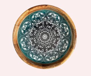 Wooden Tray Round Resin Coated Green Mandala Graphics