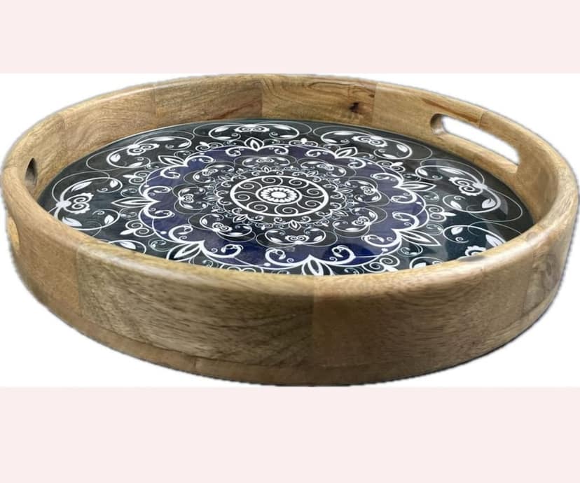 Wooden Tray Round Resin Coated Green Mandala Graphics view 2
