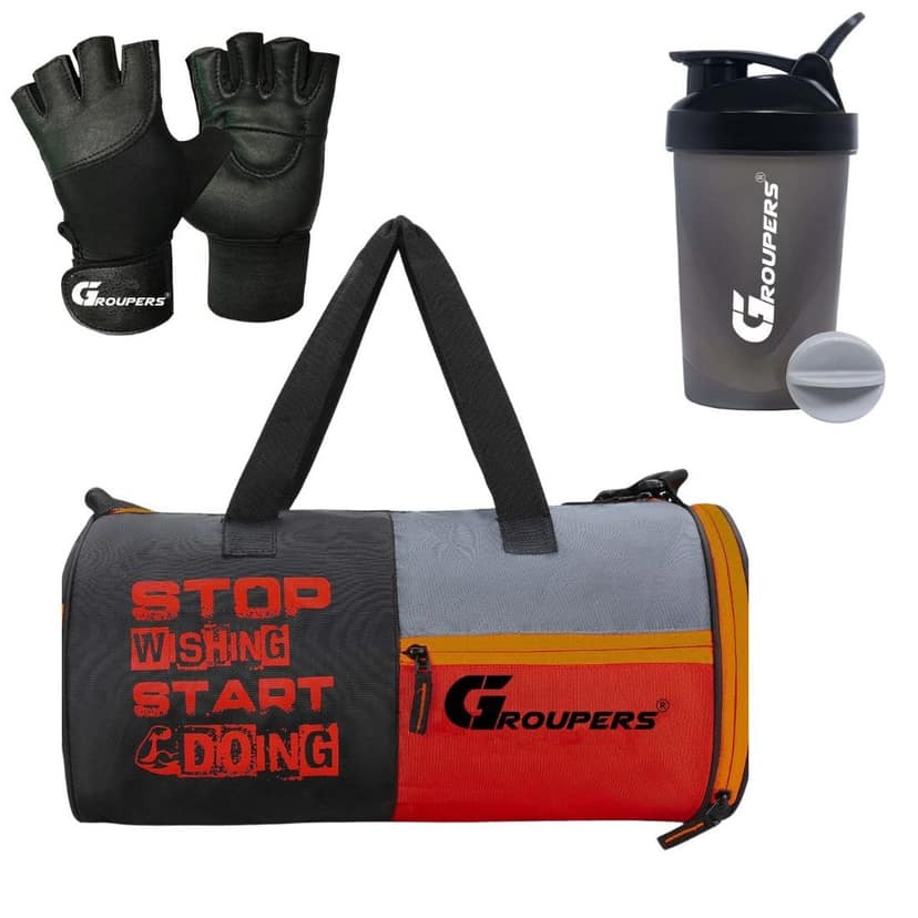 GROUPERS Duffel Bag l Gym Bags l Gym Gloves l Gym Shaker Bottle-400 ML