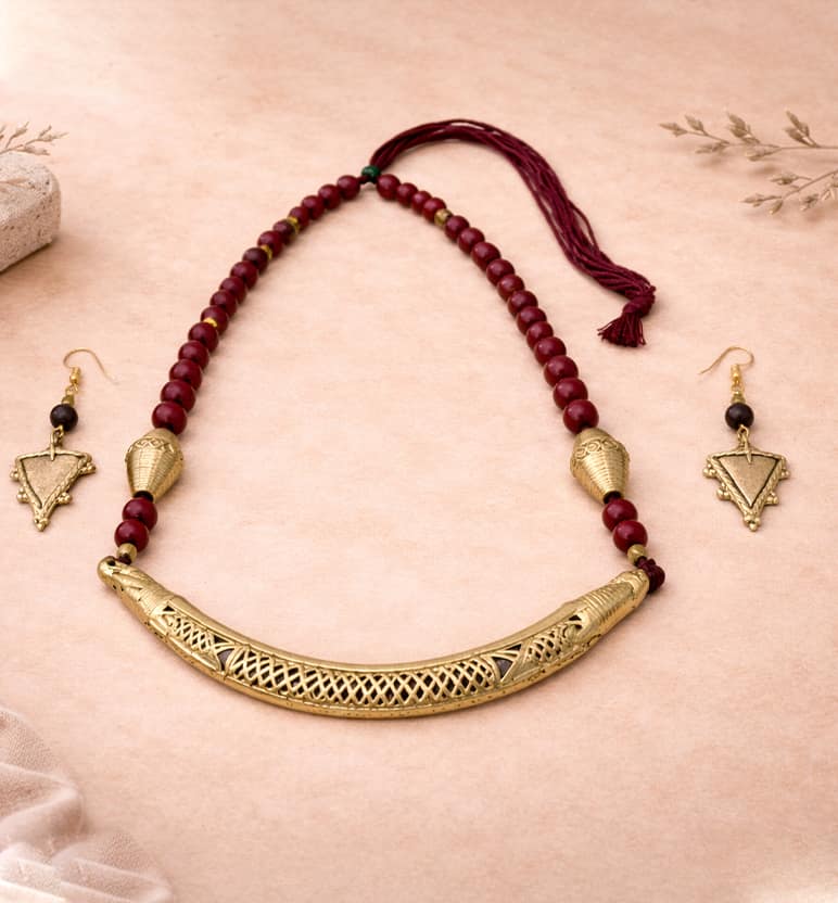 Handcrafted Bell Metal Crescent Bar Necklace Set with Red Beads – Antique Finish view 2