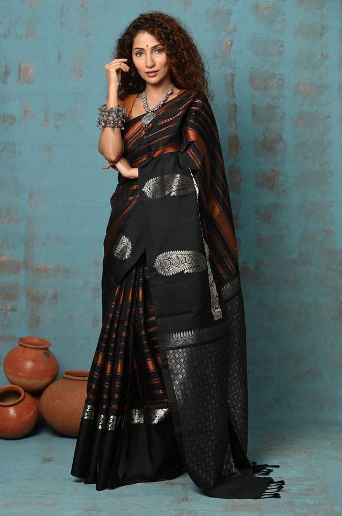 Anokhi ~ Handloom Pure Silk Designer Saree ~ Black and Orange Designer (Limited Edition) view 3