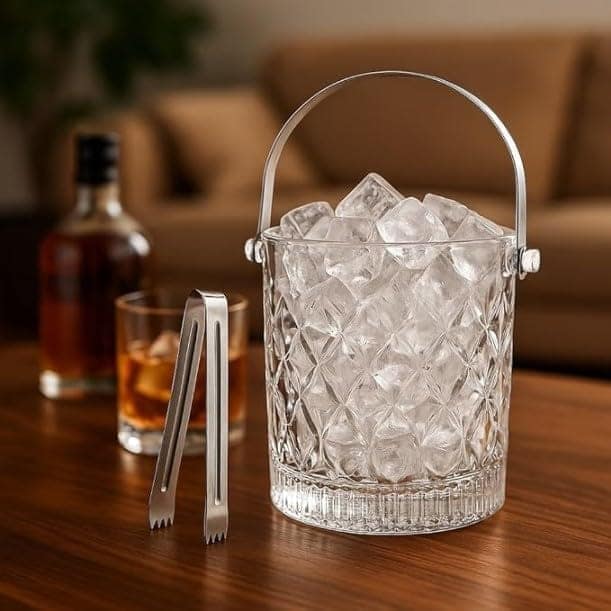 Glass Ice Bucket with Steel Handles and Tong, 980 ML, Elegant Diamond Texture, Perfect for Parties and Bar Setups, Easy Use and Classy Presentation, 1 Set