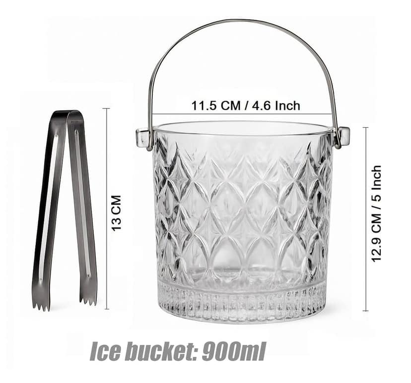 Glass Ice Bucket with Steel Handles and Tong, 980 ML, Elegant Diamond Texture, Perfect for Parties and Bar Setups, Easy Use and Classy Presentation, 1 Set view 2