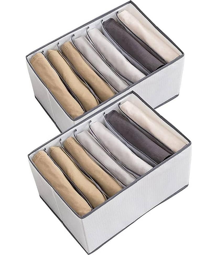 Non-Woven 7 Compartments Foldable Wardrobe Storage Organisers for Shirt, Denims, Pants, T-Shirt,Beige ( Pack of 2)