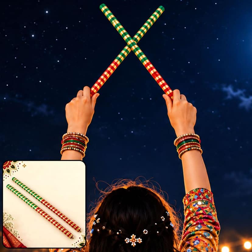 Decorative Wooden Dandiya Sticks with Metallic Ribbon Wrap (2 Pc, 39 Cm)