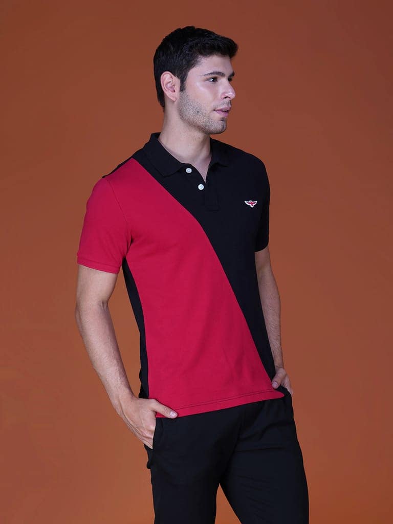 Men’s Premium Cotton Color Block Polo T-shirt Red/Black view 3