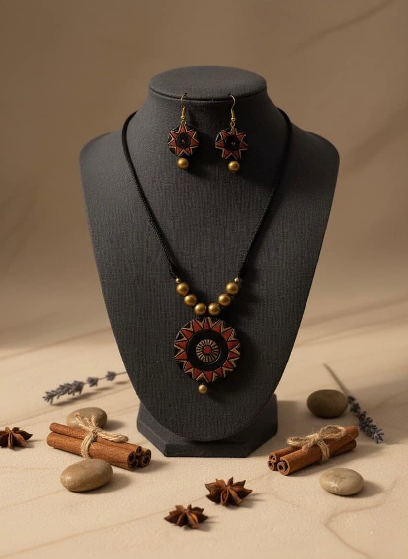 Handcrafted Terracotta Red and Black Necklace & Matching Earrings Set