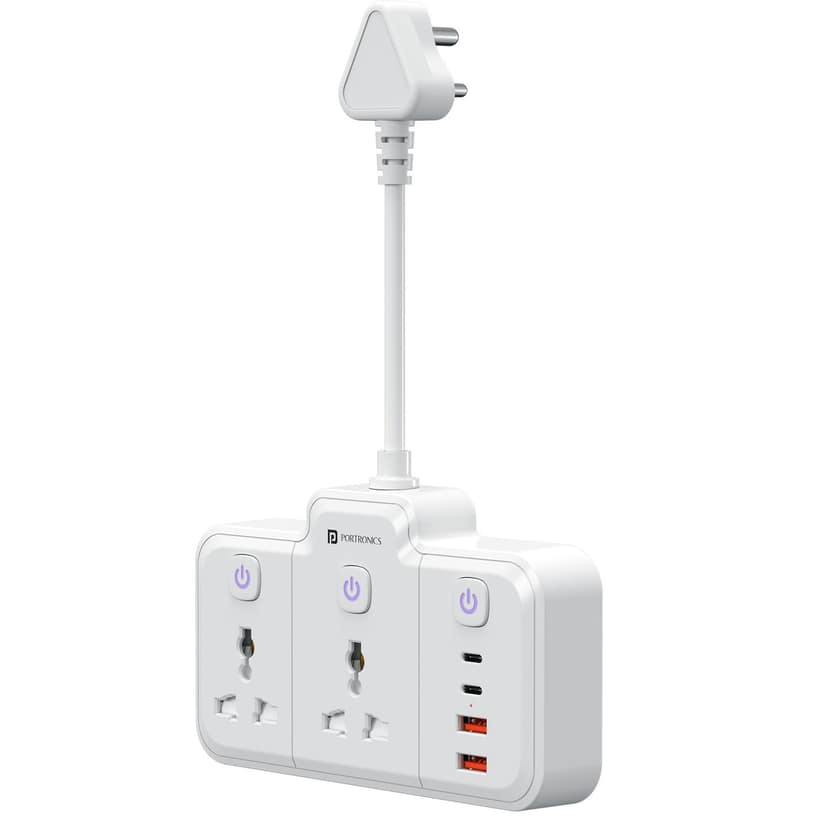 Portronics Power Plate Plus 6-in-1 USB Extension Board, Power Extender with Flexible Cord, Individual Switches, Child Safety Shutters, For Home, Office, Laptops, Mobiles & 6A/10A Appliances - White