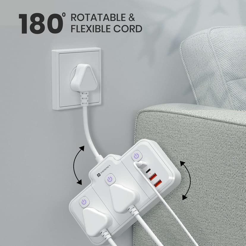 Portronics Power Plate Plus 6-in-1 USB Extension Board, Power Extender with Flexible Cord, Individual Switches, Child Safety Shutters, For Home, Office, Laptops, Mobiles & 6A/10A Appliances - White view 2