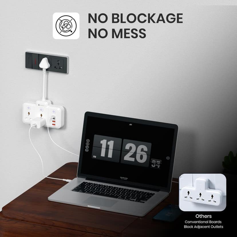Portronics Power Plate Plus 6-in-1 USB Extension Board, Power Extender with Flexible Cord, Individual Switches, Child Safety Shutters, For Home, Office, Laptops, Mobiles & 6A/10A Appliances - White view 3