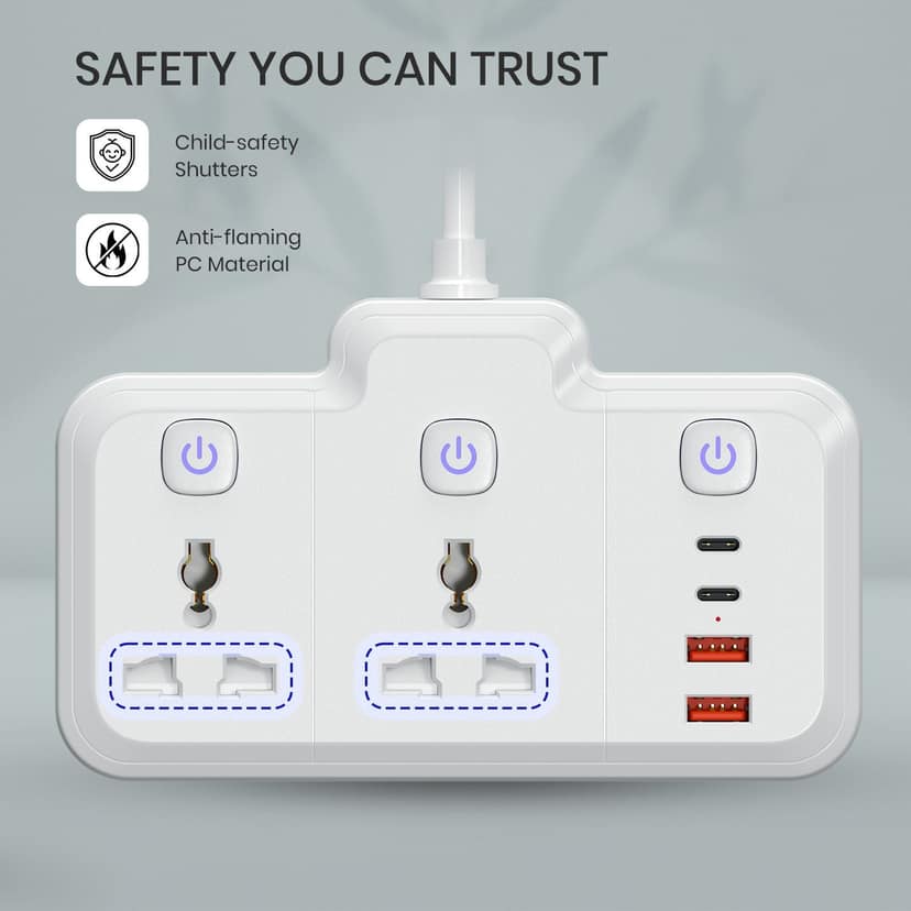 Portronics Power Plate Plus 6-in-1 USB Extension Board, Power Extender with Flexible Cord, Individual Switches, Child Safety Shutters, For Home, Office, Laptops, Mobiles & 6A/10A Appliances - White view 4