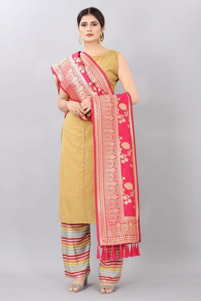 Women Pink &amp; Gold Coloured Jacquared Banarasi Dupatta