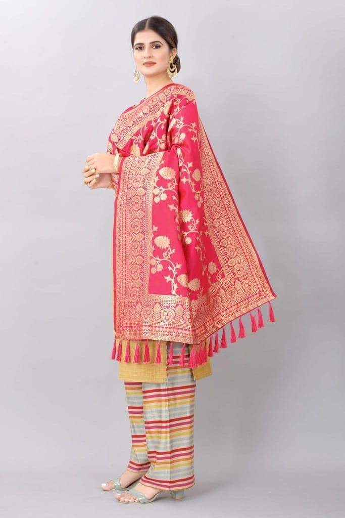 Women Pink &amp; Gold Coloured Jacquared Banarasi Dupatta view 2