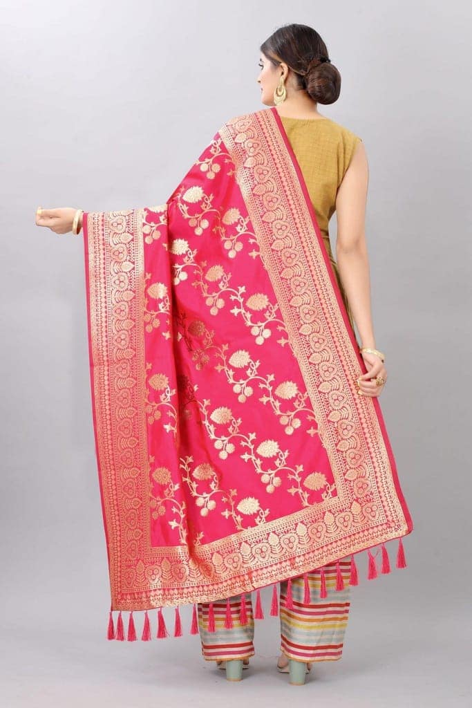 Women Pink &amp; Gold Coloured Jacquared Banarasi Dupatta view 3