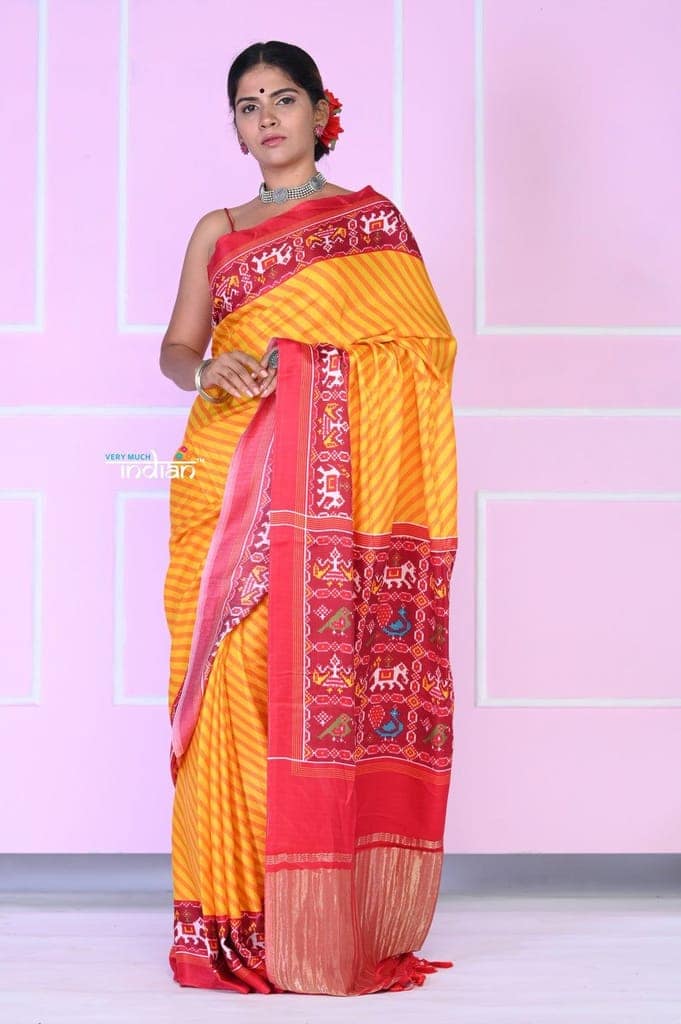 VMI EXCLUSIVE! Pure Turmeric Yellow Gajji Satin Silk Saree with Beautiful Patola Print
