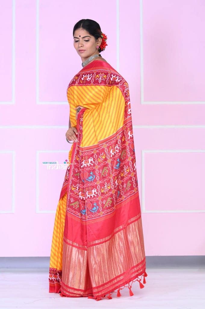 VMI EXCLUSIVE! Pure Turmeric Yellow Gajji Satin Silk Saree with Beautiful Patola Print view 3