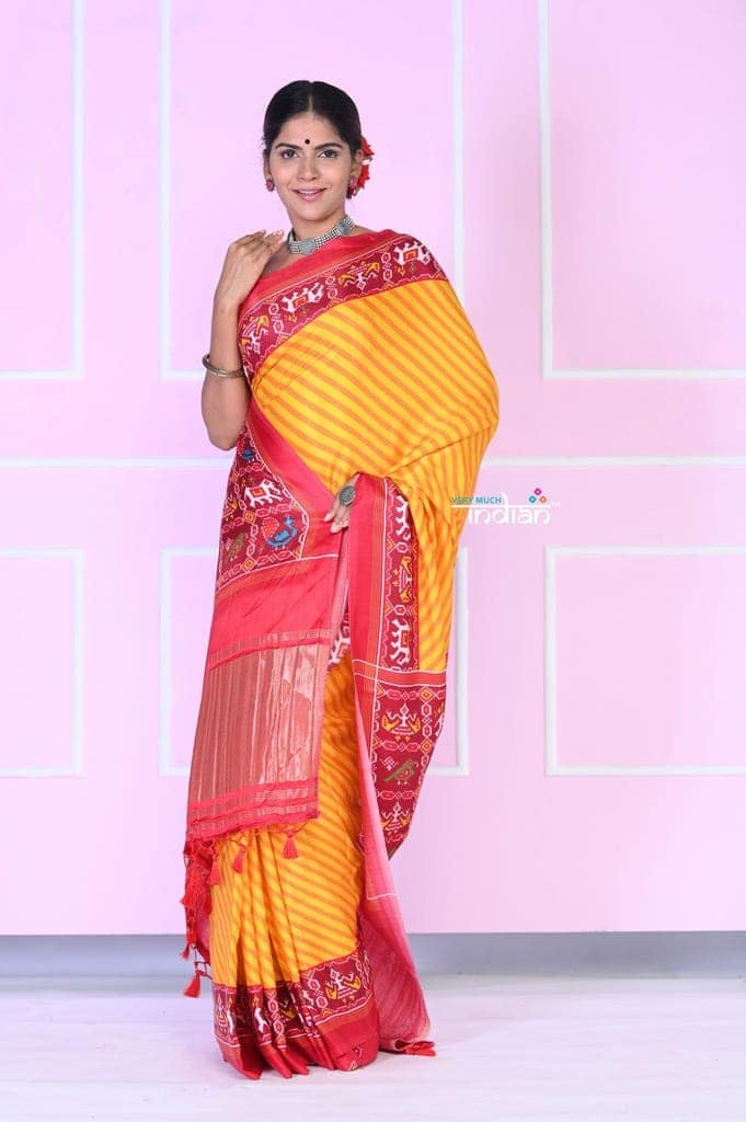 VMI EXCLUSIVE! Pure Turmeric Yellow Gajji Satin Silk Saree with Beautiful Patola Print view 4