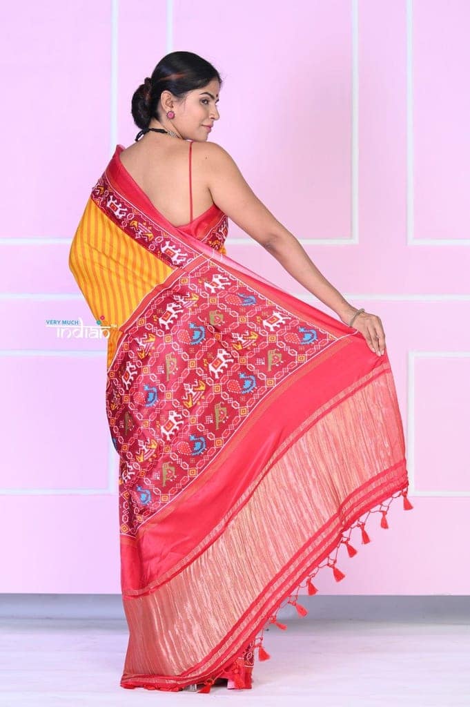 VMI EXCLUSIVE! Pure Turmeric Yellow Gajji Satin Silk Saree with Beautiful Patola Print view 5