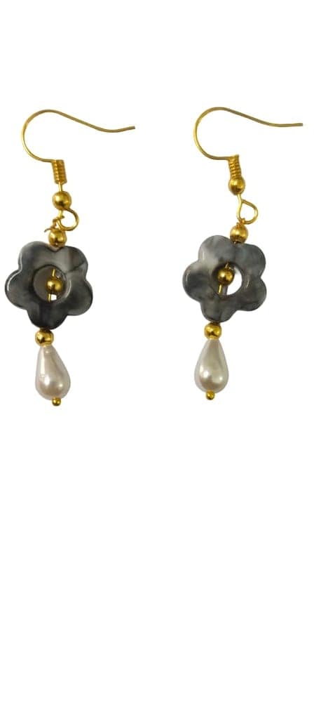 Grey Flower & Pearl Drop Earrings - Elegant Jewelry