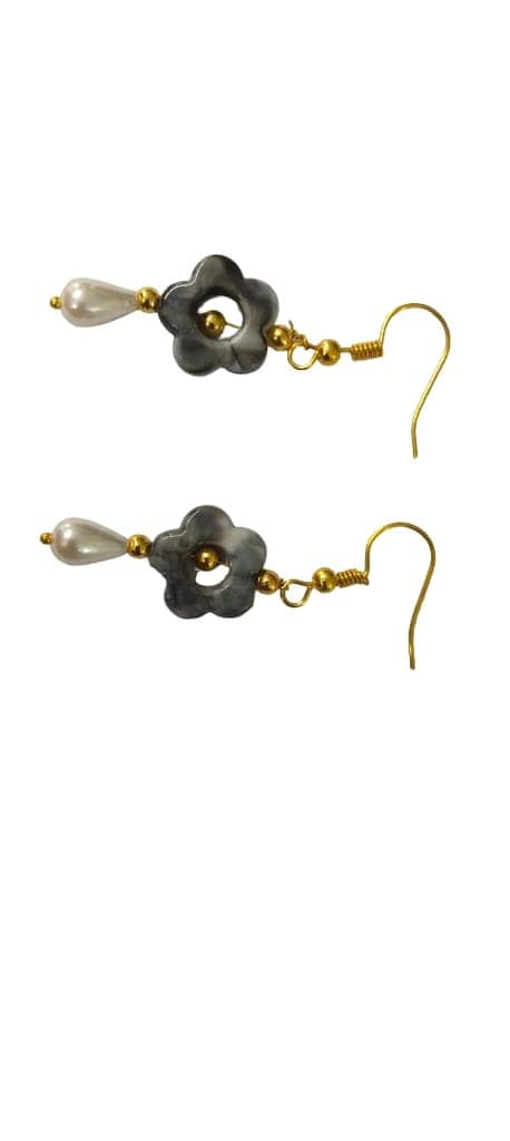 Grey Flower & Pearl Drop Earrings - Elegant Jewelry view 2