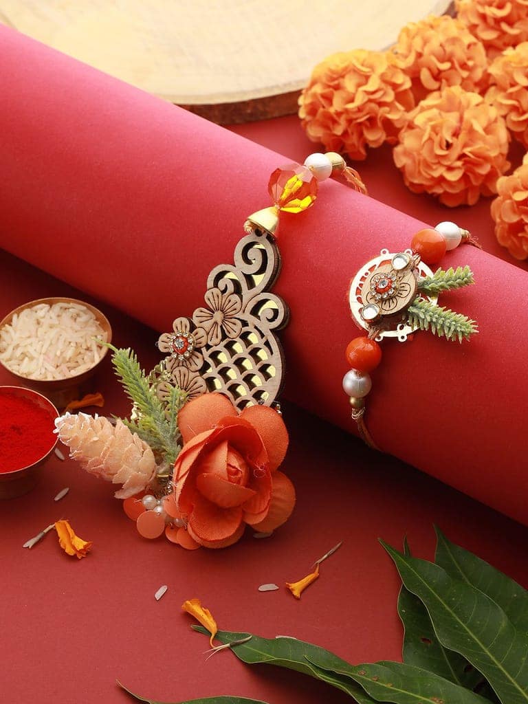 Orange Stones & pearl Beaded Handcrafted Lumba Rakhi Set With Roli Chawal
