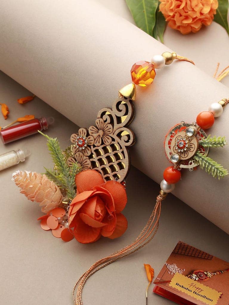 Orange Stones & pearl Beaded Handcrafted Lumba Rakhi Set With Roli Chawal view 2
