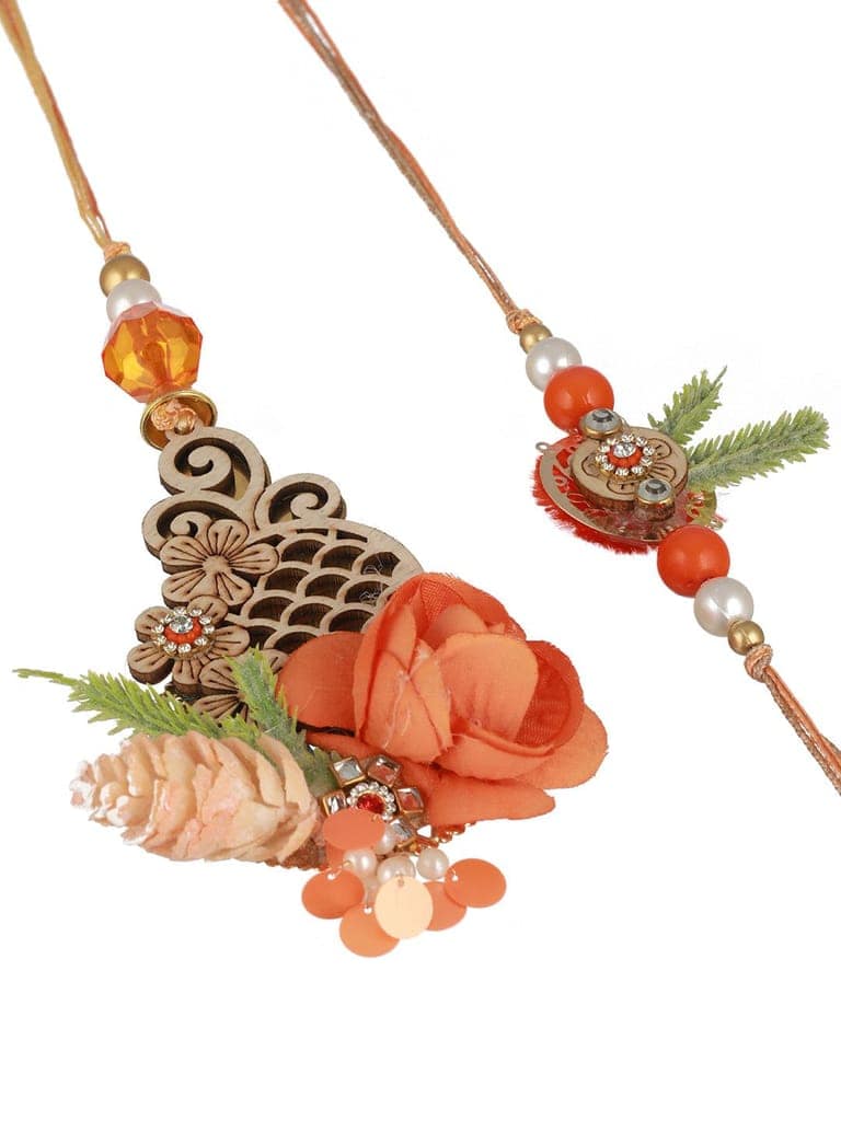 Orange Stones & pearl Beaded Handcrafted Lumba Rakhi Set With Roli Chawal view 3
