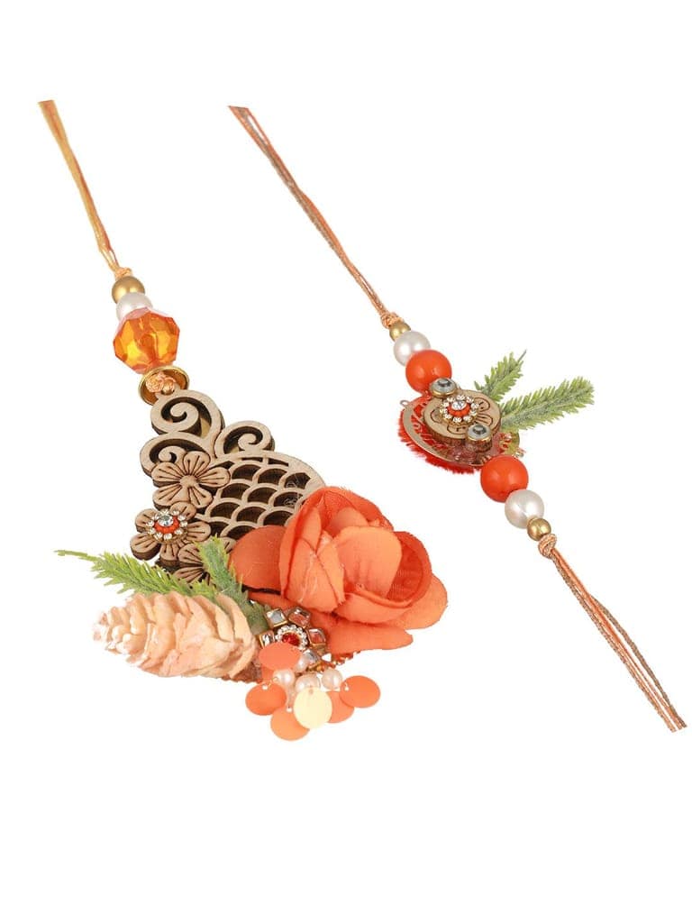 Orange Stones & pearl Beaded Handcrafted Lumba Rakhi Set With Roli Chawal view 4