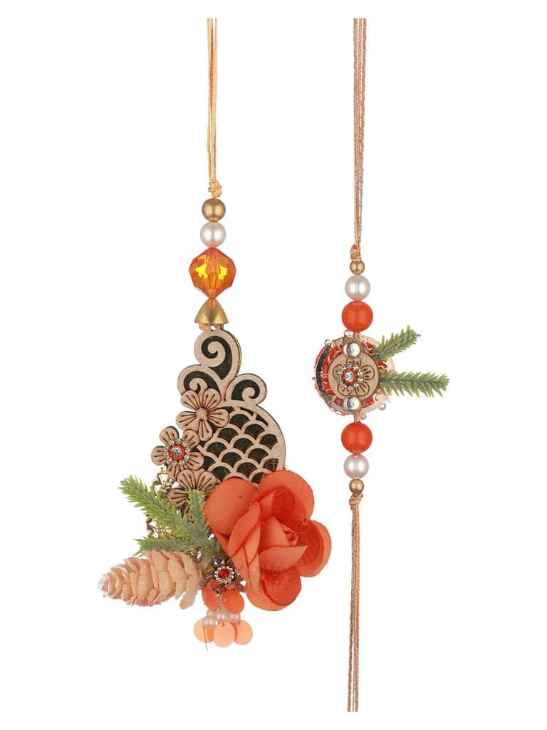 Orange Stones & pearl Beaded Handcrafted Lumba Rakhi Set With Roli Chawal view 5