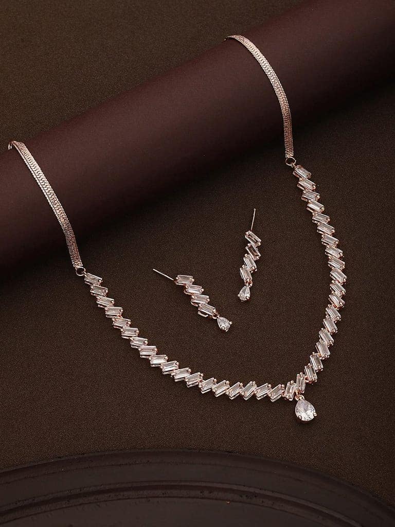 Rose Gold Plated AD Studded Zig Zag Minimal Necklace Jewellery Set