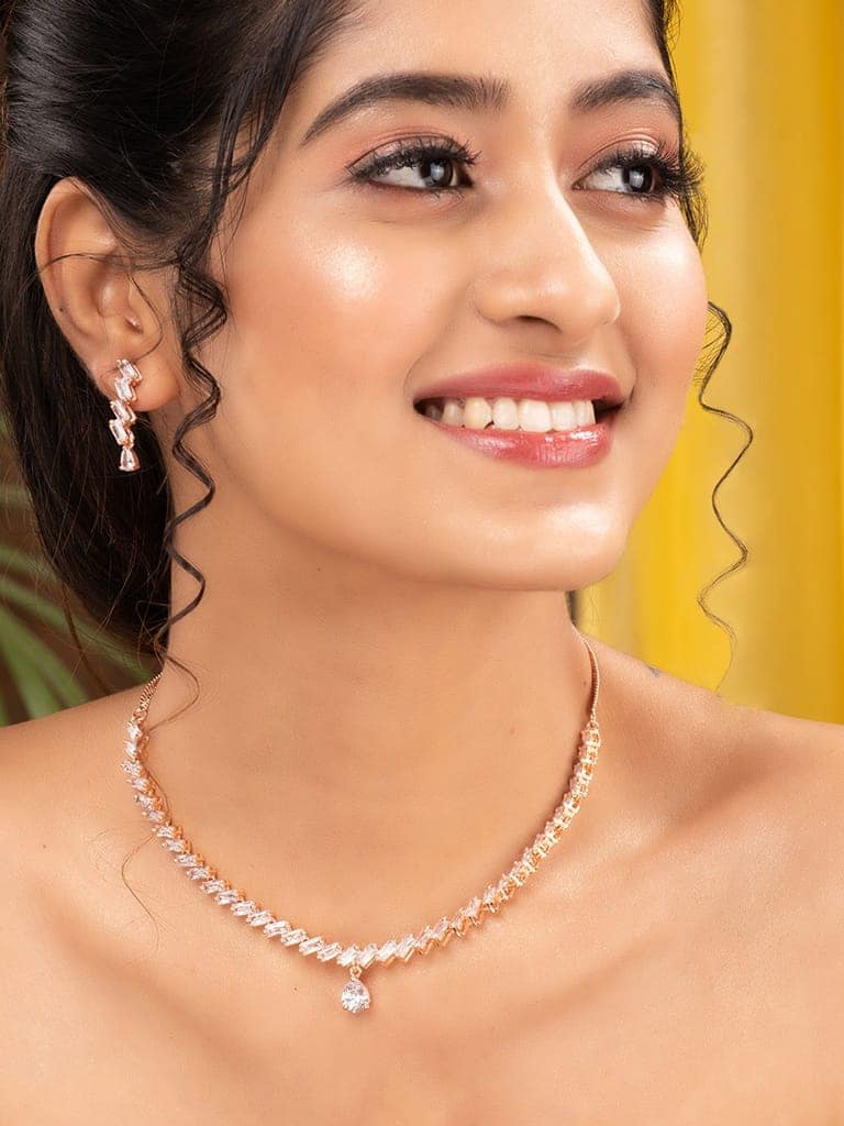 Rose Gold Plated AD Studded Zig Zag Minimal Necklace Jewellery Set view 2