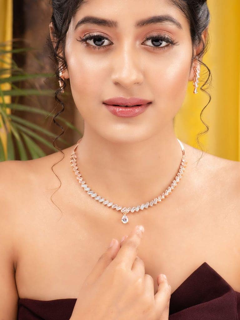 Rose Gold Plated AD Studded Zig Zag Minimal Necklace Jewellery Set view 3