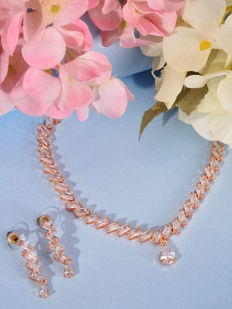 Rose Gold Plated AD Studded Zig Zag Minimal Necklace Jewellery Set view 8