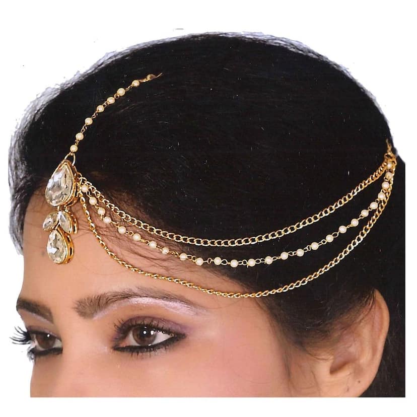 Lucky Jewellery Casual Bridal Dulhan Kundan White Color Stone Moti Maang Tikka Pearl Matha Patti for Girls & Women view 2