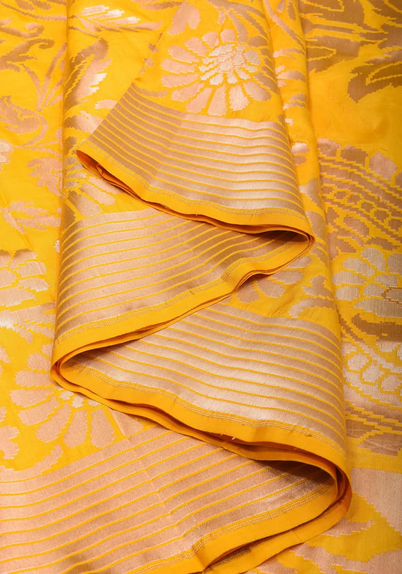 Exquisite Yellow Banarasi Katan Silk Saree with Blooming Floral Alfi Jaal, Grand Pallu and Zari | SILK MARK CERTIFIED view 7