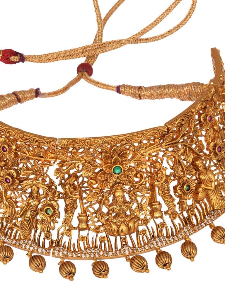 GoldPlated Green AD Embellished Shri Lakshmi Temple Choker Jewellery Set view 4