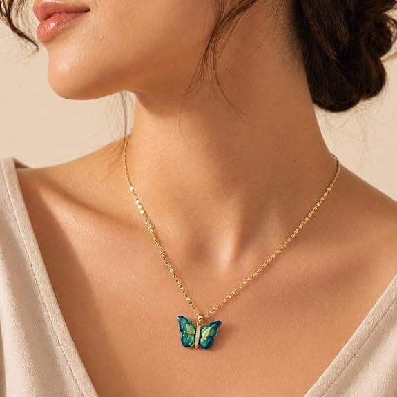 MEENAZ Butterfly Pendant Necklace for Women & Girls Stylish Golden Necklace view 3