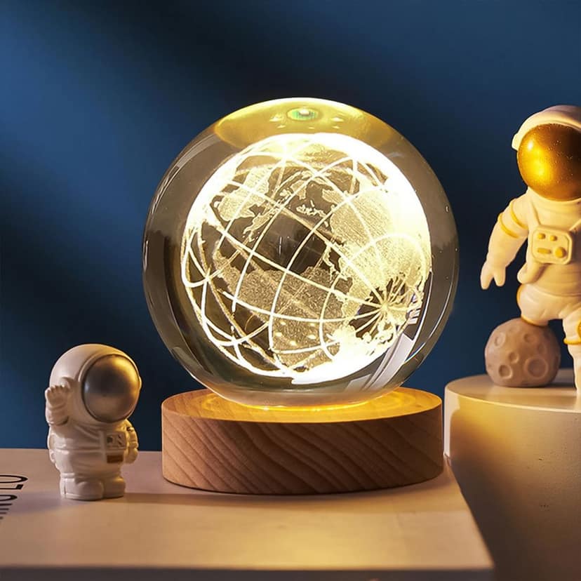 3D Crystal Ball Lamp – World Globe Design, Wooden Base view 2