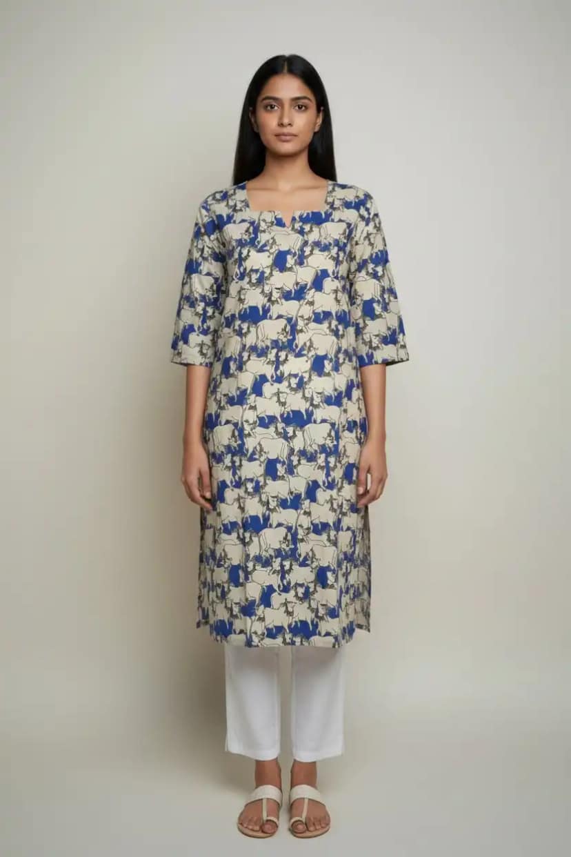 Block Print Cotton Kurti Cream Blue Floral