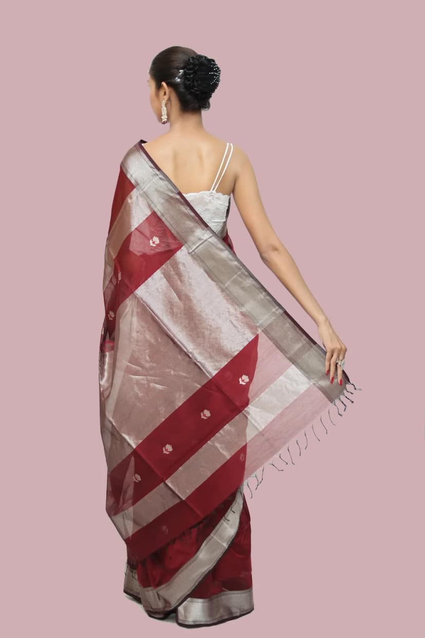 Red Meena Zari Buti handloom Saree with Tassels view 4