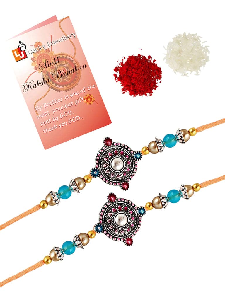 Lucky Jewellery Designer Oxidised Silver Meena Rakhi - Rakshabandhan Rakhee Bracelet for Brother/Bhaiya/Bhai/Bhabhi Pack of 2 (96-CHR1-1962-2) view 3